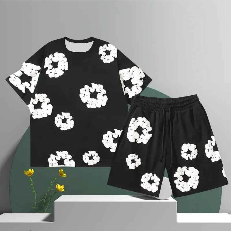 Liam | Men’s 3D Printed Flower Shorts Set – Cotton Streetwear Summer Outfit Black