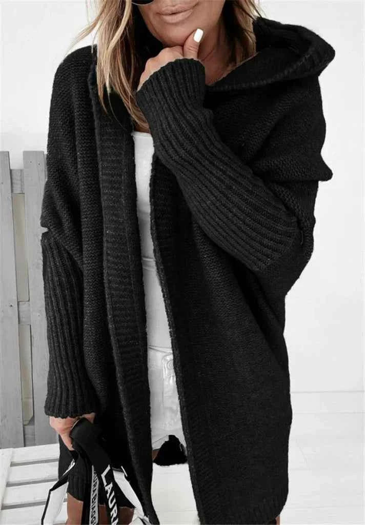 Women's Oversized Knitted Wool Blend Cardigan with Hood Black