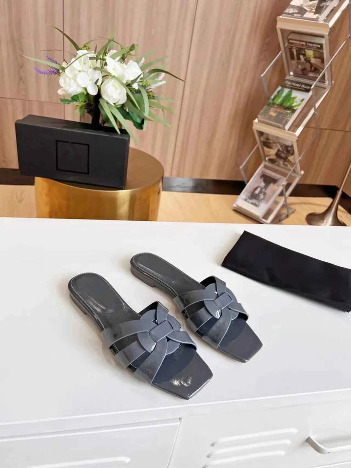 Genuine Leather Square Toe Summer Slides Dark Grey