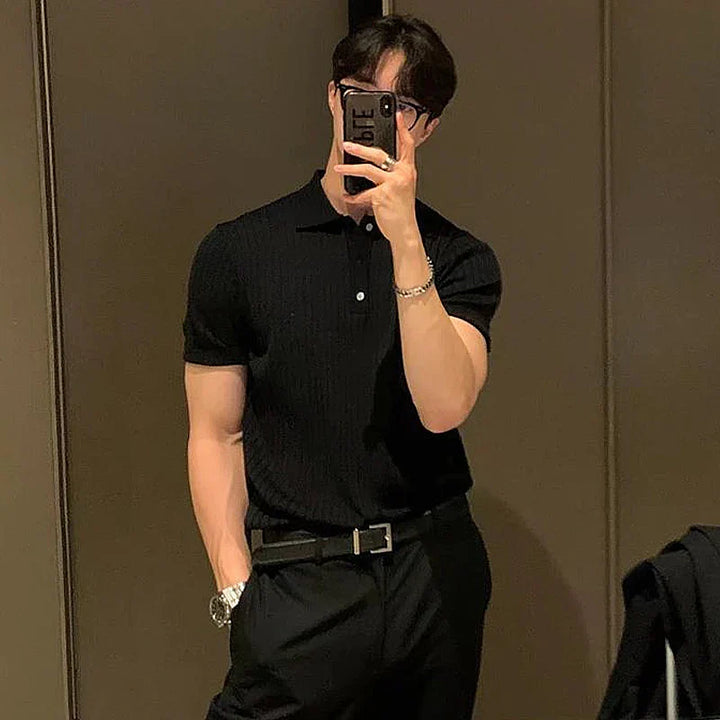 Men's Slim Fit Polo Shirt – Ribbed Fabric – Short Sleeve – Breathable & Stylish Black