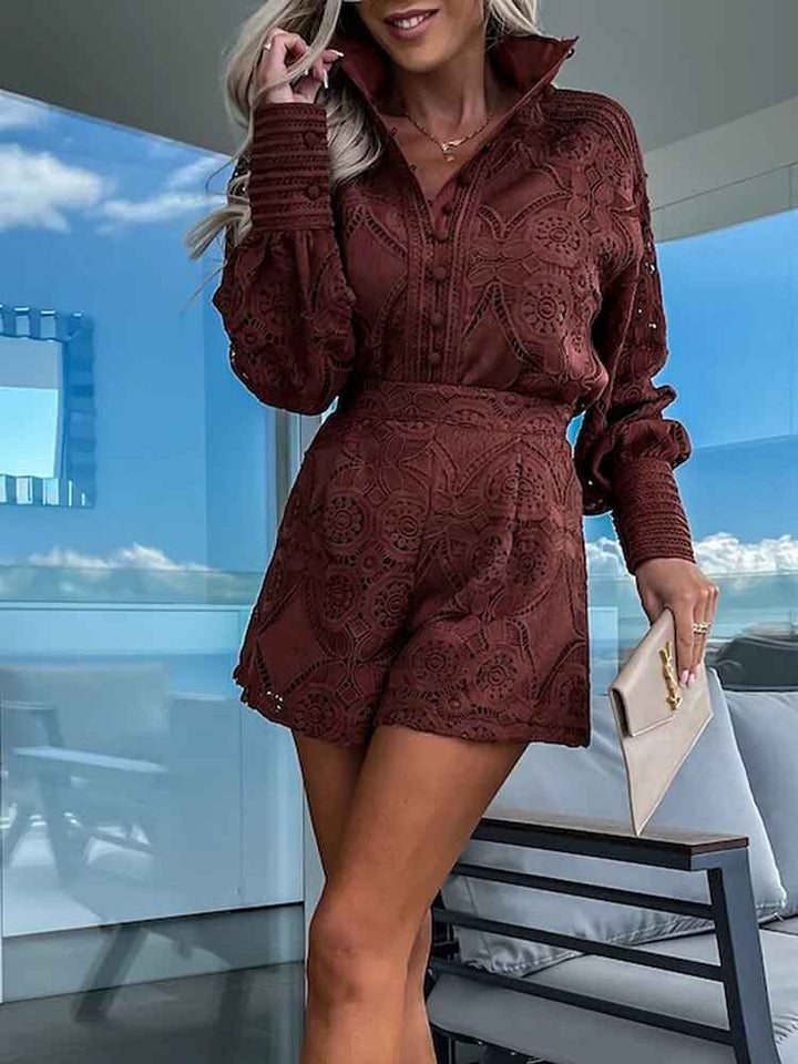 Women's Elegant Lace Blouse with Long Sleeves & High Waist Shorts Set Dark Brown