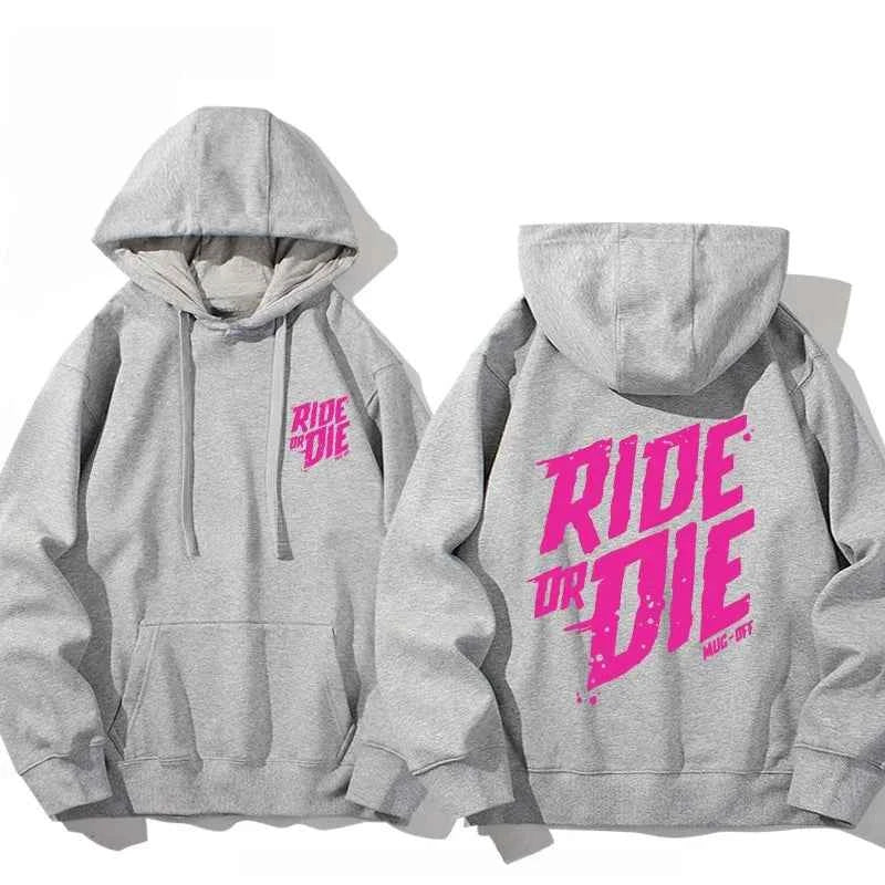 Men and Women 'Ride or Die' Cotton Hoodie Gray2