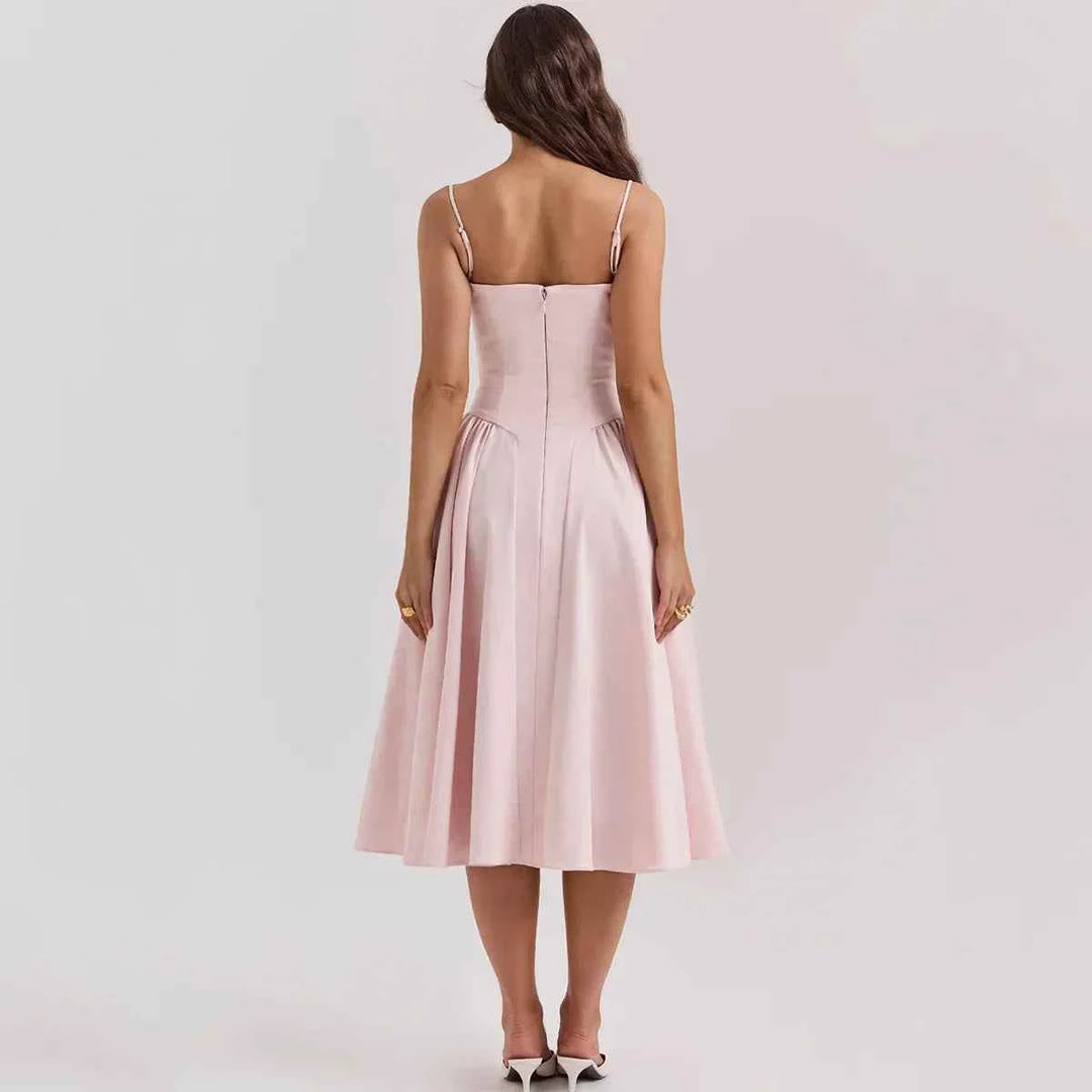 Women's Fitted Midi Dress with Spaghetti Straps and Pleated Flared Skirt