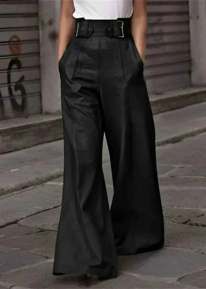 Women's Wide Leg High Waist Leather Pants Black