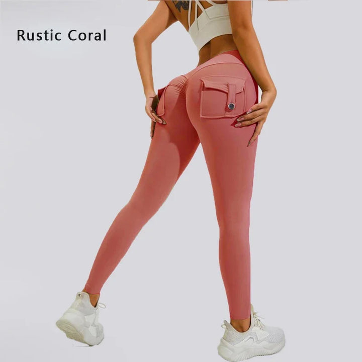 Women's Breathable Yoga Pants with Butt Pocket, Nylon Sports Leggings Rustic Coral