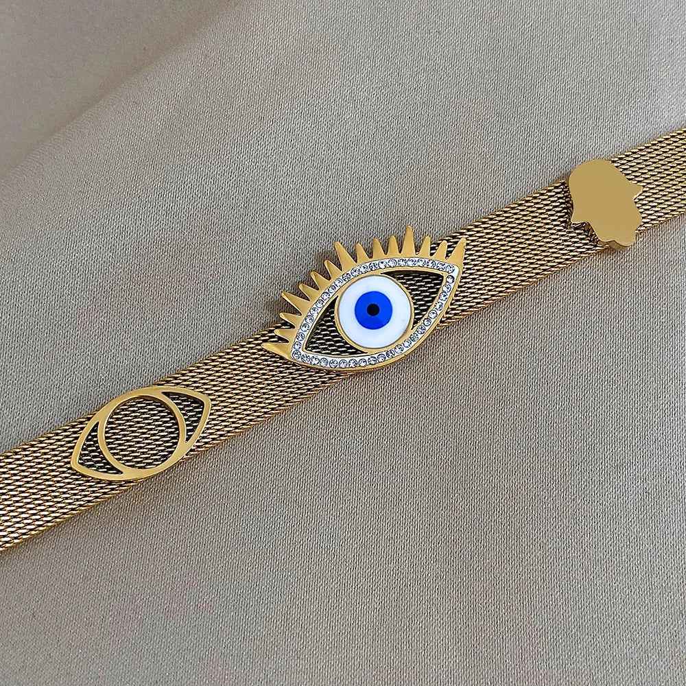 Mesh Band Evil Eye Charm Bracelet with Rhinestone Accents