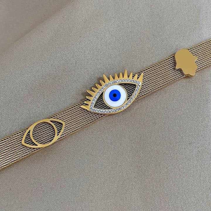 Mesh Band Evil Eye Charm Bracelet with Rhinestone Accents