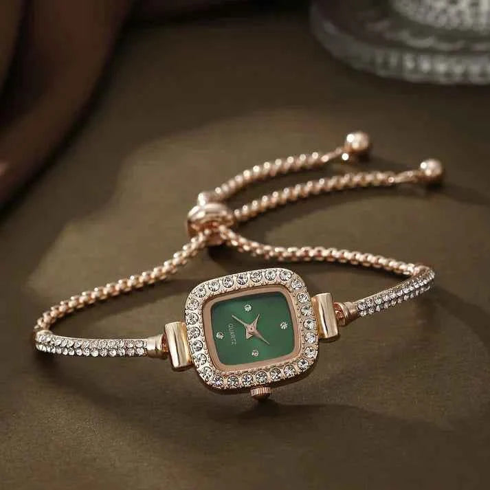 Crystal Embellished Standard Fit Bracelet Watch | Elegant Solid Design Army Green