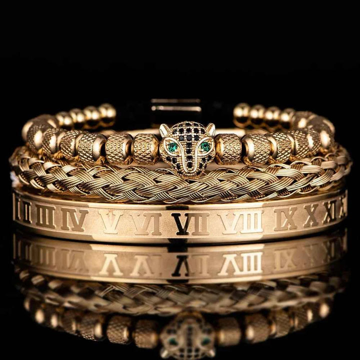Three-Piece Panther Head Charm Braided Bracelet Set Gold Black