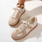 Patchwork Retro Lace-Up Flat Sneakers Women Beige
