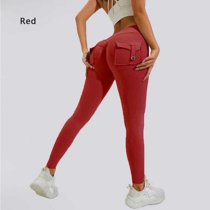 Women's Breathable Yoga Pants with Butt Pocket, Nylon Sports Leggings Red