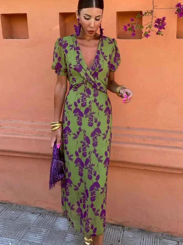 Women's Floral Print V-Neck Dress Green