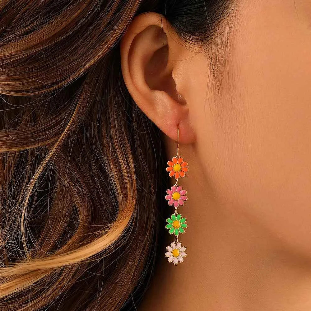 -Inspired Long Tassel Earrings with Summer Floral Design Rainbow