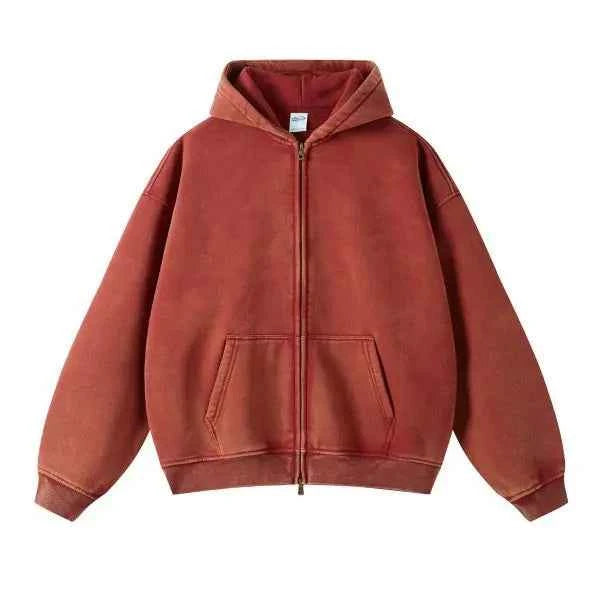 Men and Women's Full-Zip Batik-Wash Street Hoodie Wine Red