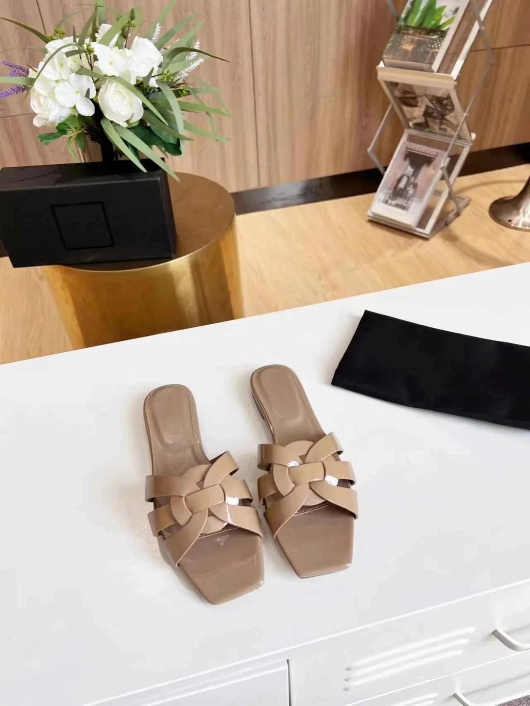 Genuine Leather Square Toe Summer Slides Khaki