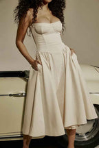 Women's A-Line Midi Dress with Corset Top and Spaghetti Straps – Lightweight Fabric Beige