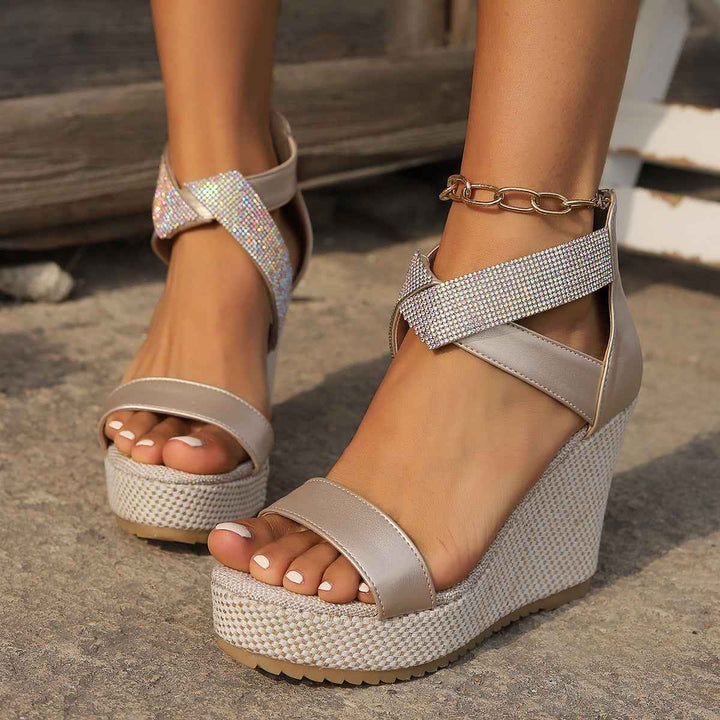 Mia | Elegant Women's Wedge Sandals with Sparkling Rhinestone Design Beige
