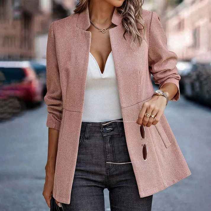 Women's Tailored Herringbone Blazer – Long Sleeves & Classic Lapel