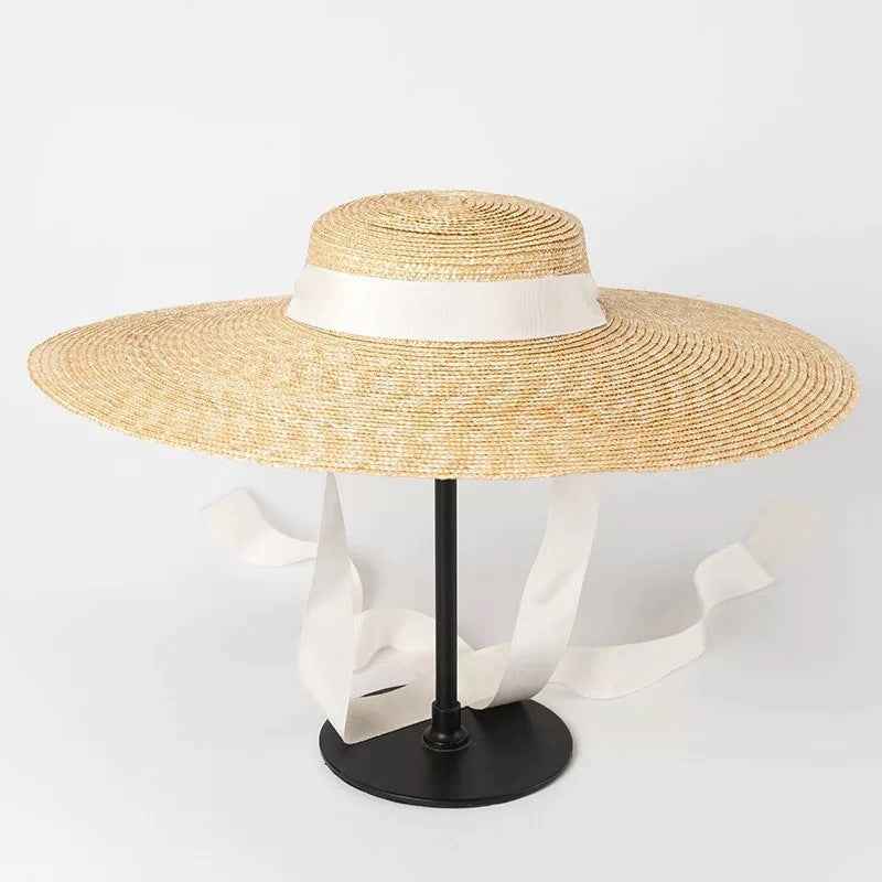 Simple And Fashionable Strappy Straw flat Top Straw Hat Sunshade Straw Straw Hat Straw white silk