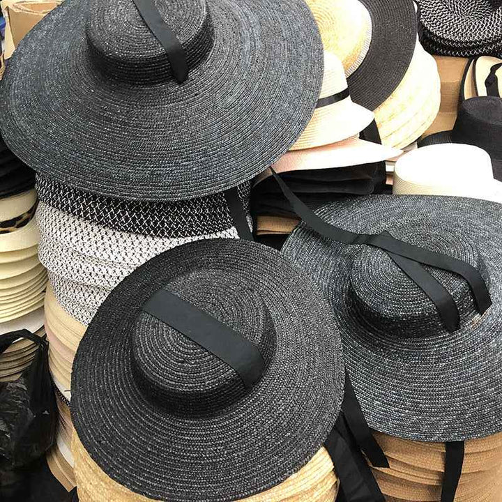 Simple And Fashionable Strappy Straw flat Top Straw Hat Sunshade Straw Straw Hat Black hat black silk