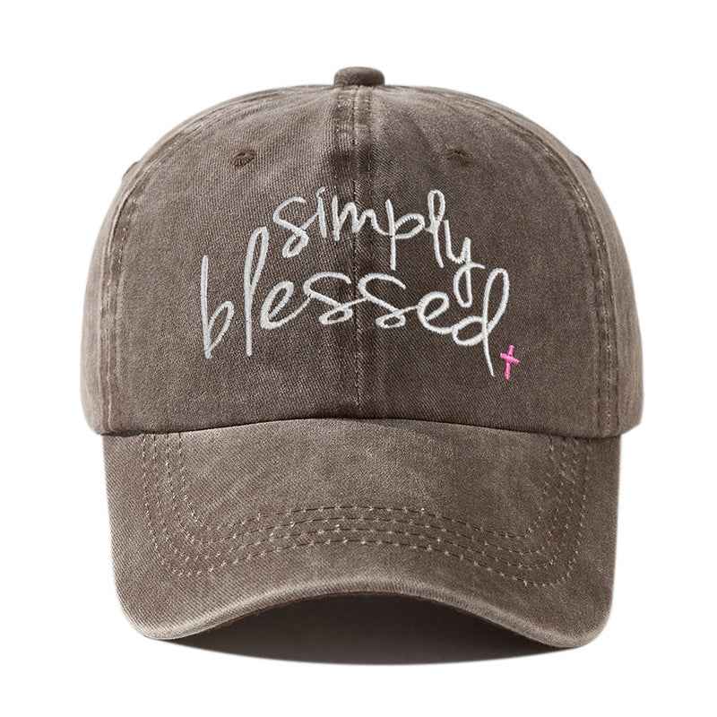 Simply Blessed Wide Brim Sunshade Washed Embroidered English Letter Baseball Cap Brown Adjustable