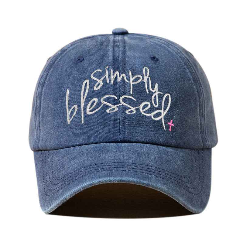 Simply Blessed Wide Brim Sunshade Washed Embroidered English Letter Baseball Cap Navy Blue Adjustable