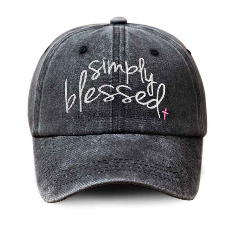 Simply Blessed Wide Brim Sunshade Washed Embroidered English Letter Baseball Cap Dark Gray Adjustable