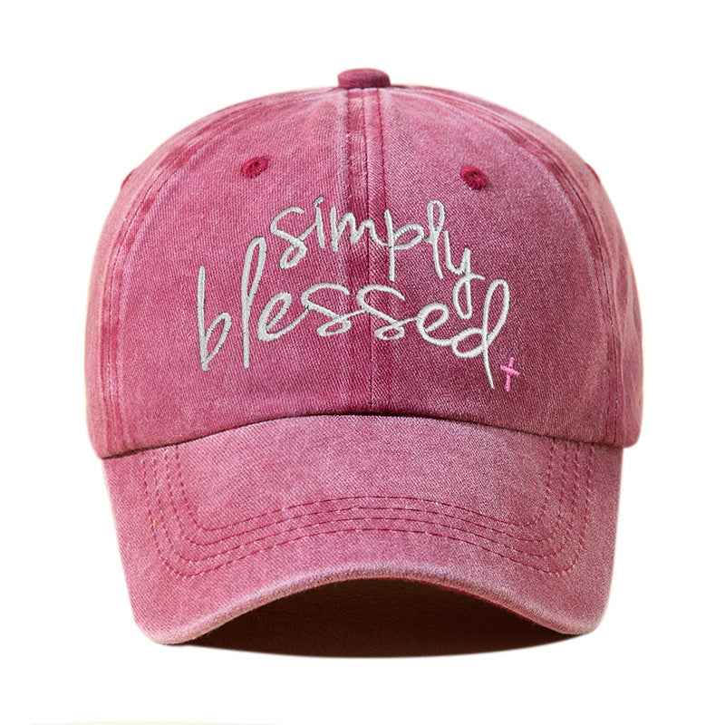 Simply Blessed Wide Brim Sunshade Washed Embroidered English Letter Baseball Cap Wine Red Adjustable