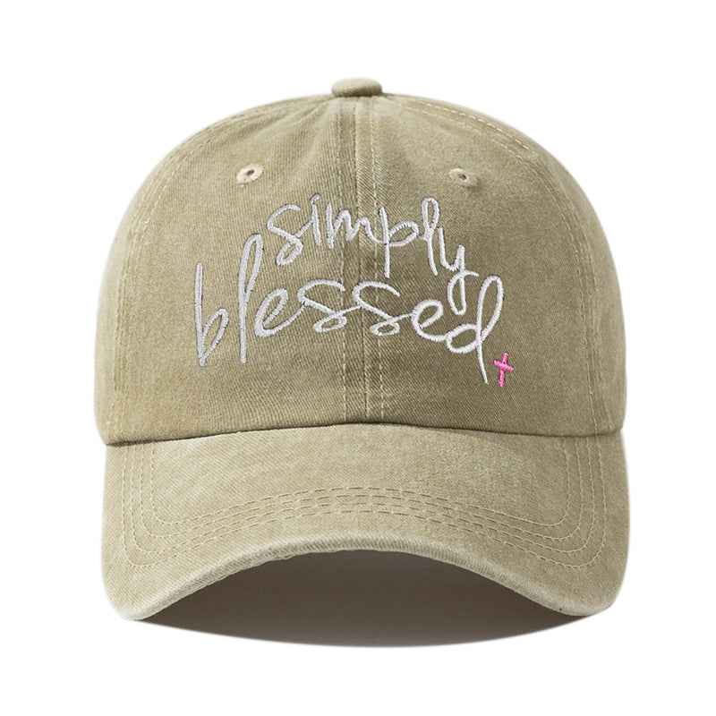 Simply Blessed Wide Brim Sunshade Washed Embroidered English Letter Baseball Cap Khaki Adjustable