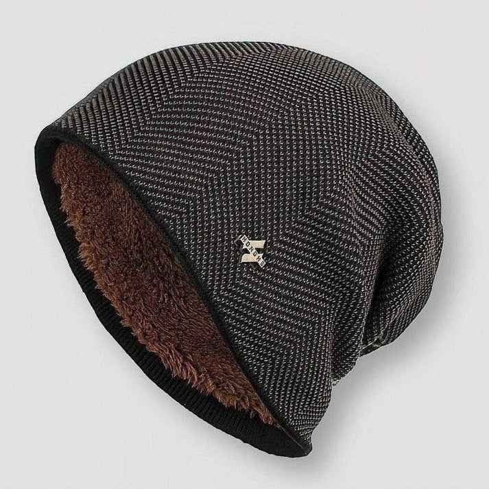 Relaxed Fit Herringbone Pattern Beanie with Ribbed Cuff Camel