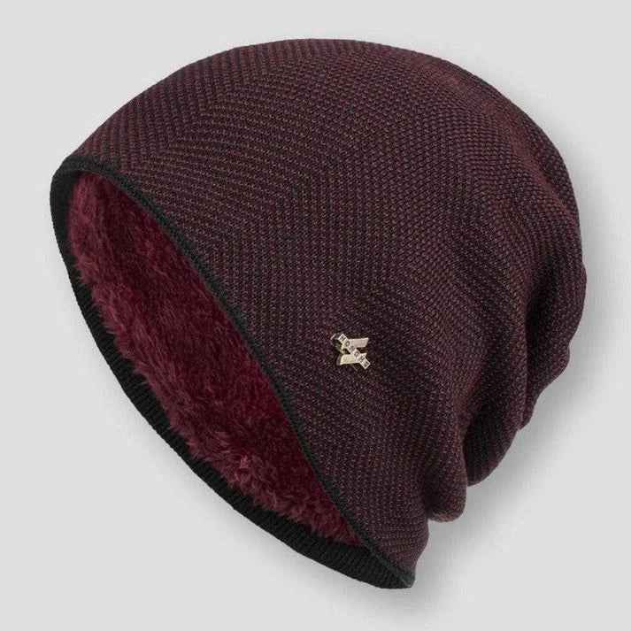 Relaxed Fit Herringbone Pattern Beanie with Ribbed Cuff Bordeaux