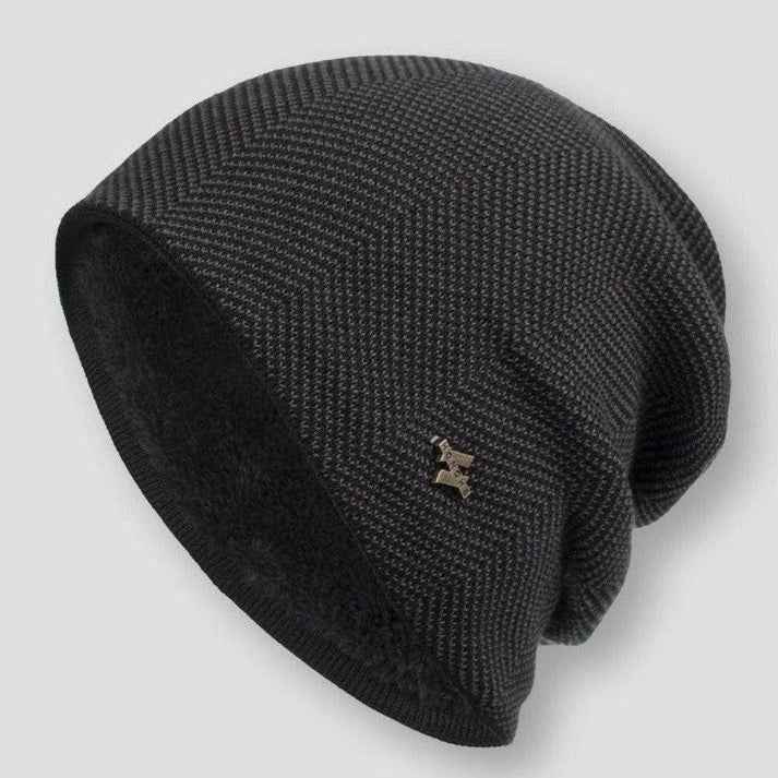 Relaxed Fit Herringbone Pattern Beanie with Ribbed Cuff Classic Black