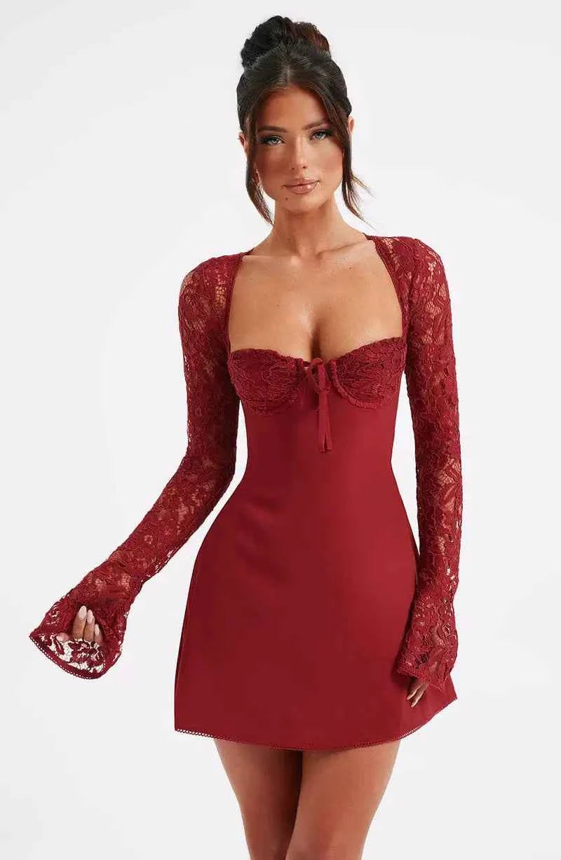 Tasha | Women's Lace Sleeve Bodycon Mini Dress Red
