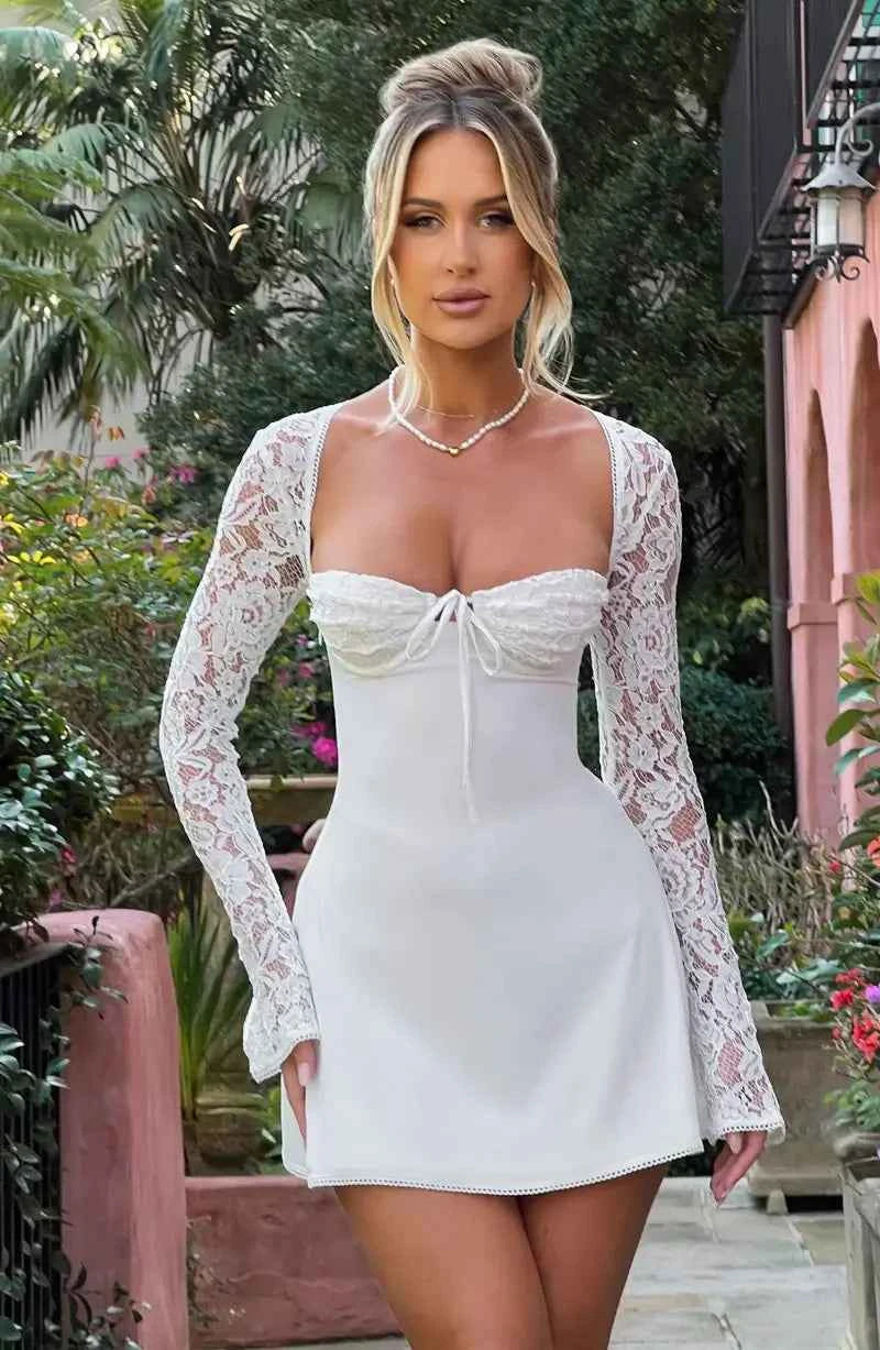 Tasha | Women's Lace Sleeve Bodycon Mini Dress White