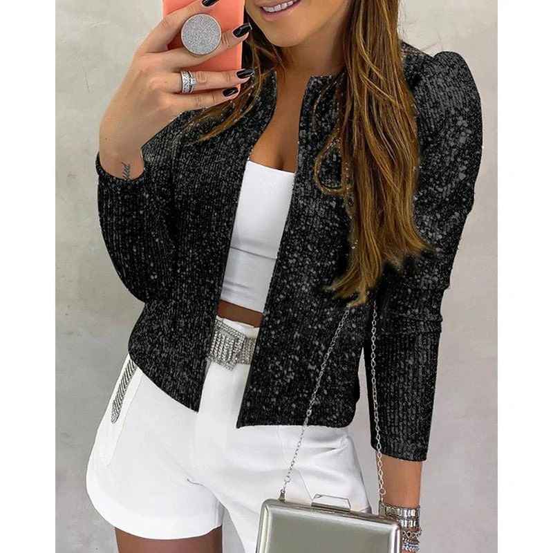 Women's Sequined Blazer - Open Front, Long Sleeves, Figure-Hugging Fit Black