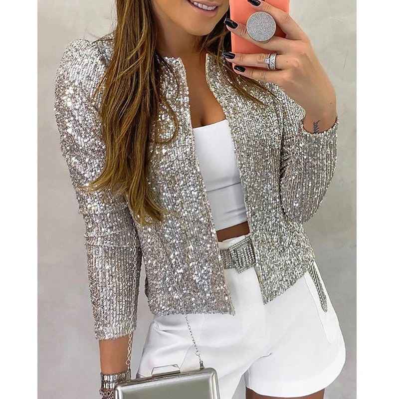Women's Sequined Blazer - Open Front, Long Sleeves, Figure-Hugging Fit Silver