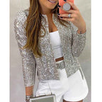 Women's Sequined Blazer - Open Front, Long Sleeves, Figure-Hugging Fit Silver