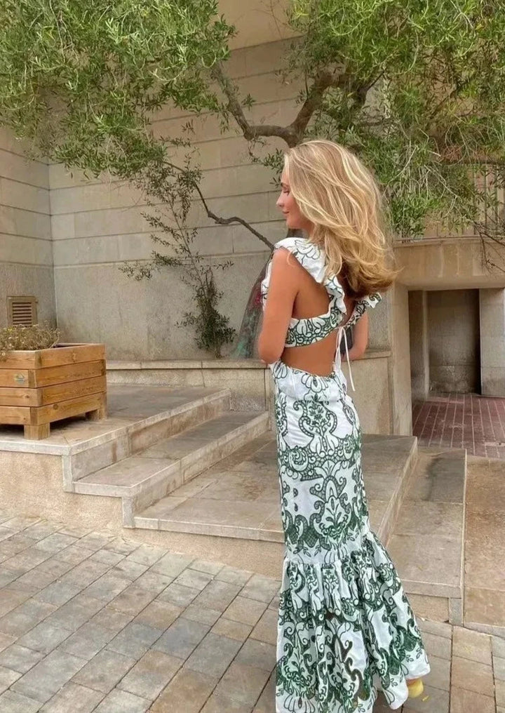 Amalia | Women's Long Cotton Summer Dress with Open Back – White-Green