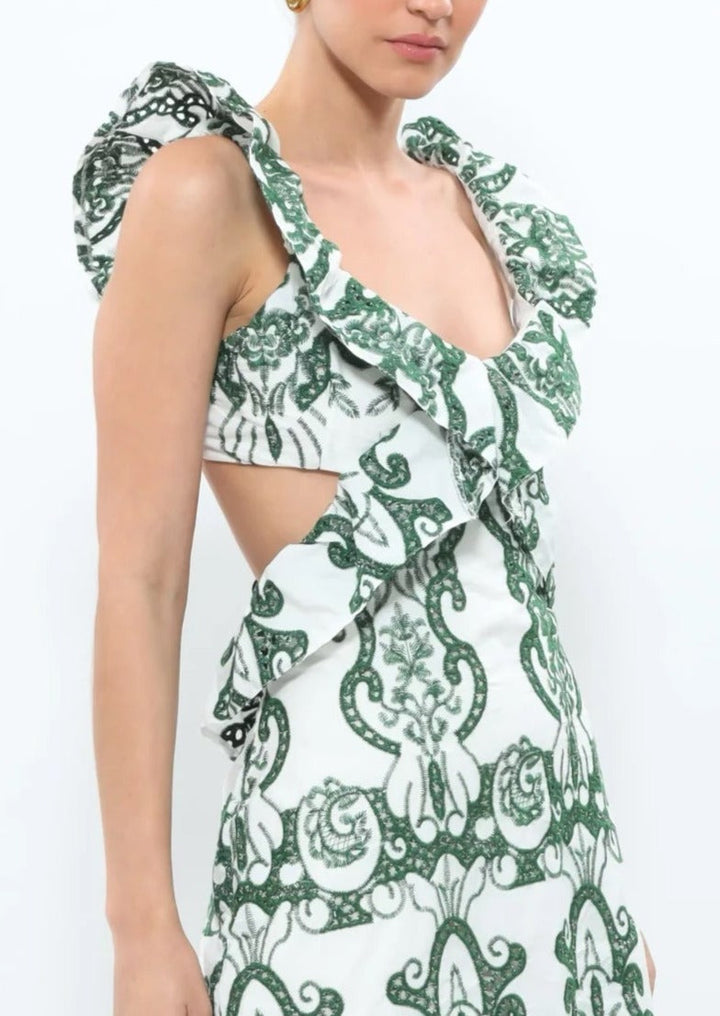 Amalia | Women's Long Cotton Summer Dress with Open Back – White-Green