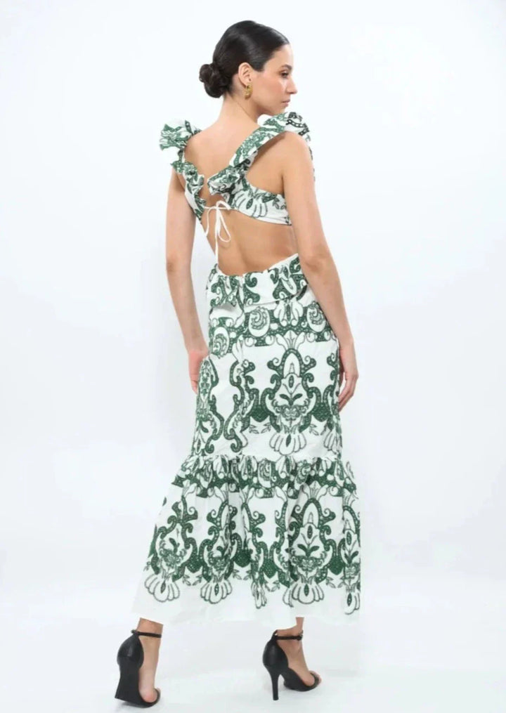 Amalia | Women's Long Cotton Summer Dress with Open Back – White-Green