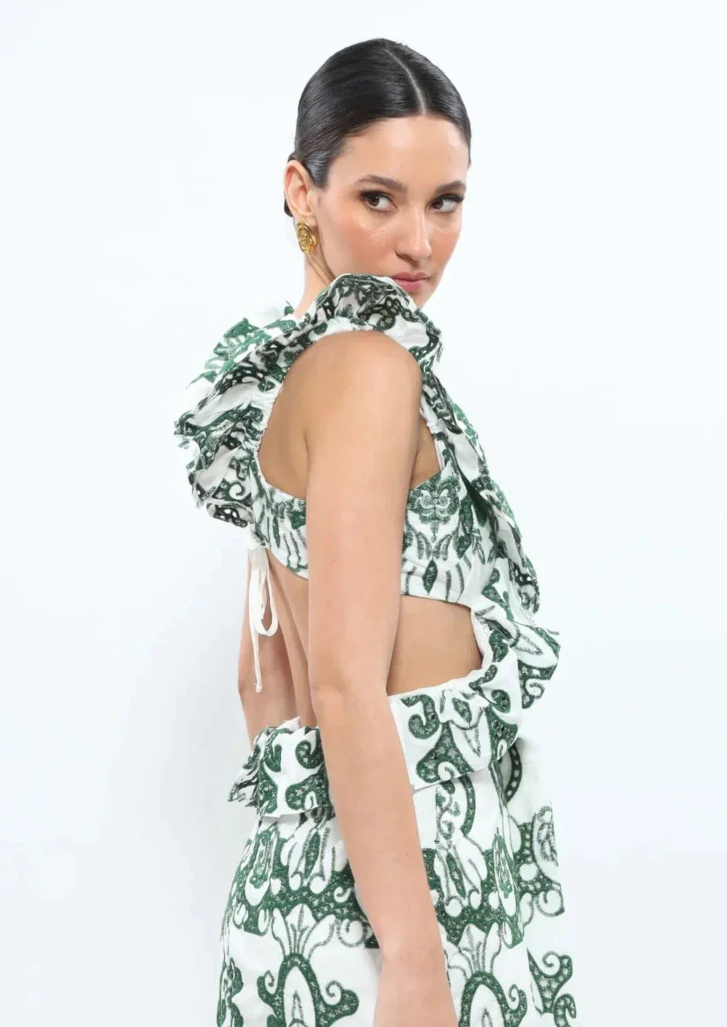 Amalia | Women's Long Cotton Summer Dress with Open Back – White-Green