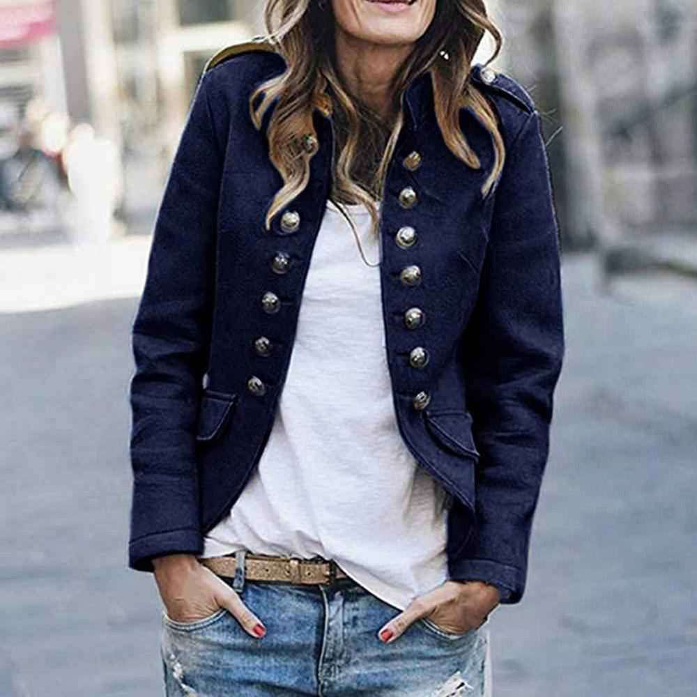 Womens Tailored Wool Blend Blazer - Double-Breasted with Epaulettes Dark Blue