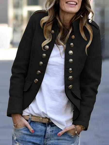 Womens Tailored Wool Blend Blazer - Double-Breasted with Epaulettes Black
