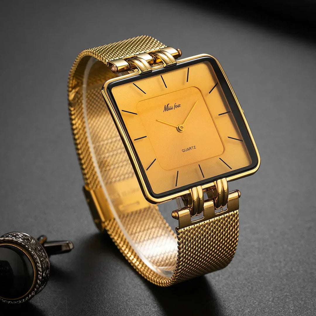Mesh Square Face Wristwatch with Markers Gold