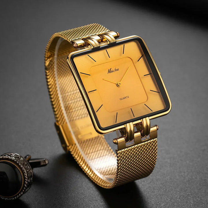 Mesh Square Face Wristwatch with Markers Gold