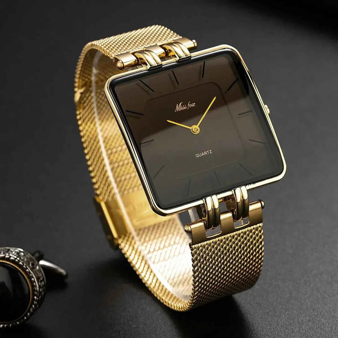 Mesh Square Face Wristwatch with Markers Black