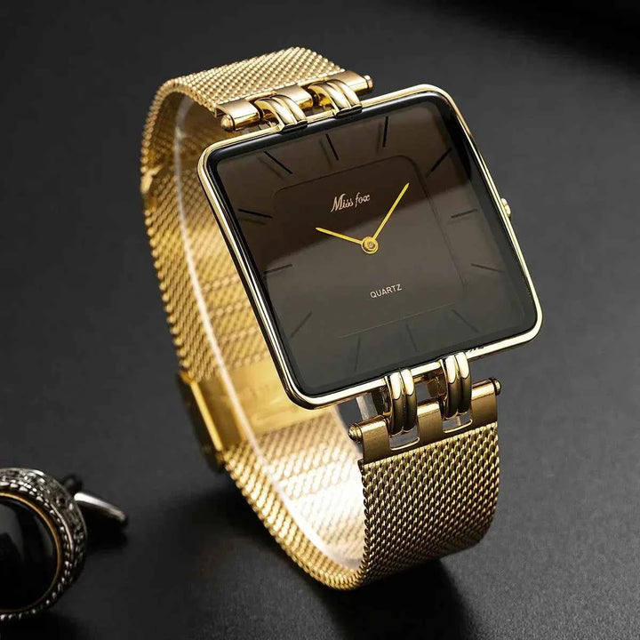 Mesh Square Face Wristwatch with Markers Black