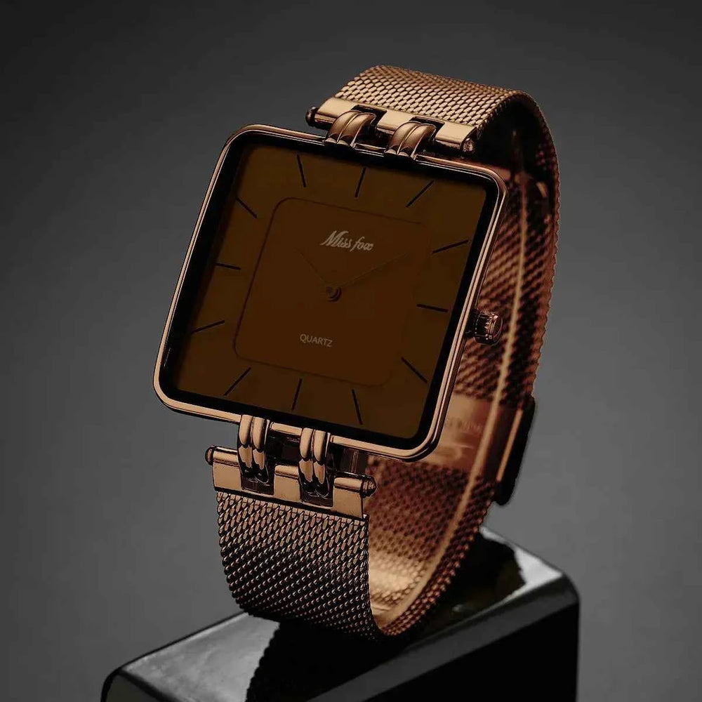 Mesh Square Face Wristwatch with Markers Brown