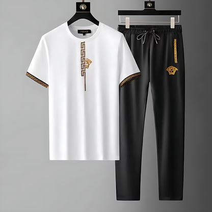 Cotton Tracksuit Set Relaxed Drawstring Black White Two-Piece Black & White