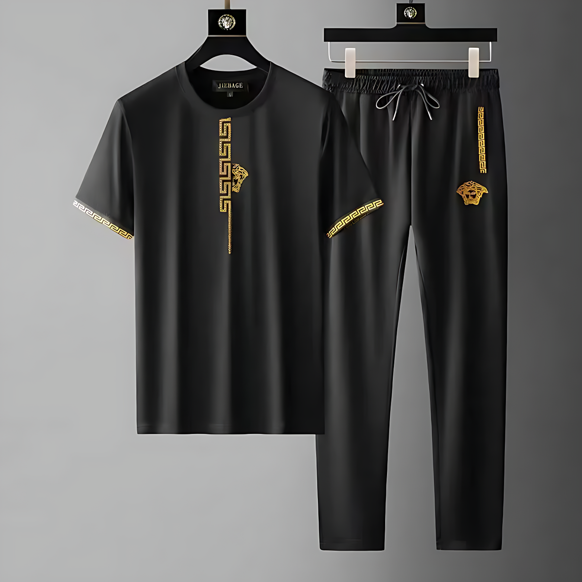 Cotton Tracksuit Set Relaxed Drawstring Black White Two-Piece Black